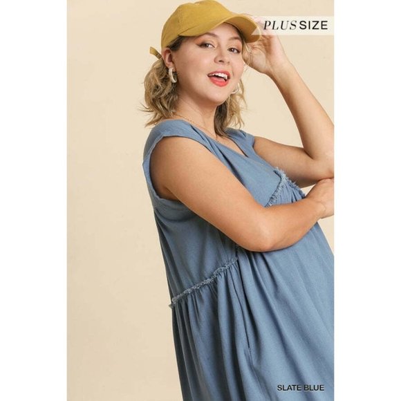 Umgee Plus Size Milk Tea V-Neck Short Folded Sleeve Ruffle Trimmed Pocket Dress - Picture 6 of 12